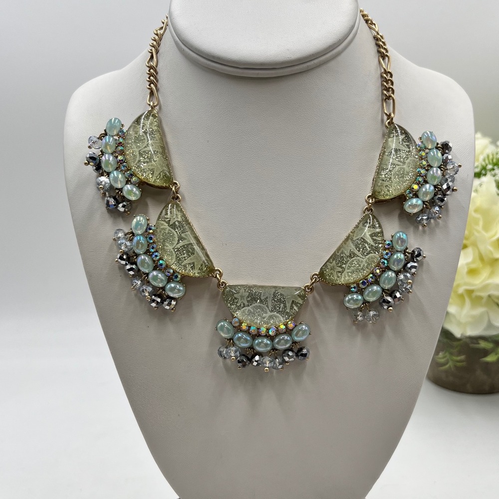 Betsey Johnson Stargazer Collection Green Lucite Star Crystal Pearl Bib Necklace